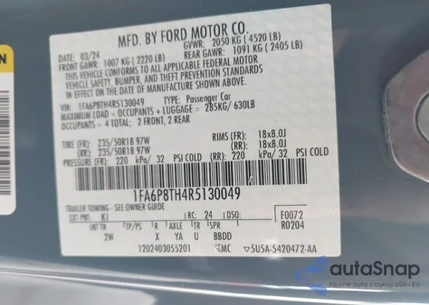 2024 Ford Mustang из США, поврежденный, VIN 1FA6P8TH4R5130049